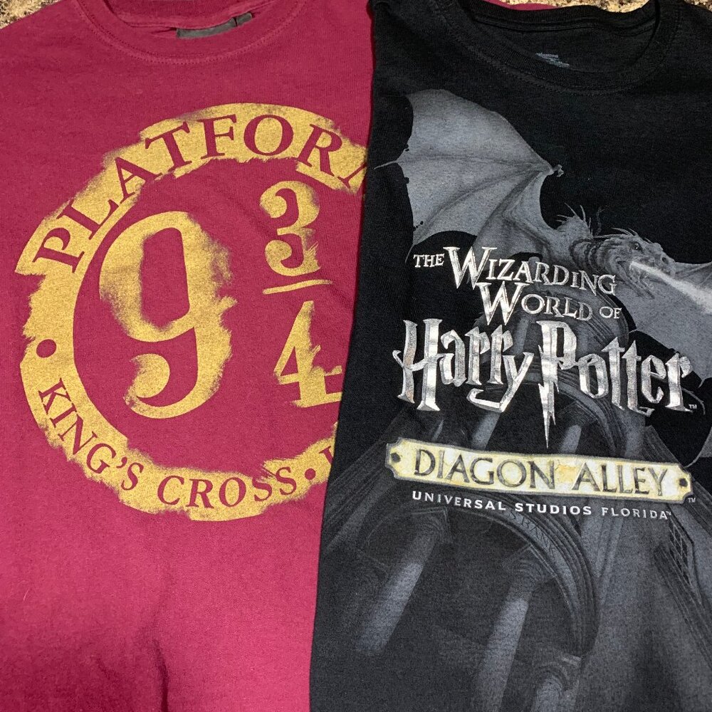 collection of 2 Harry Potter t-shirts, tops, Diagon Alley & Platform